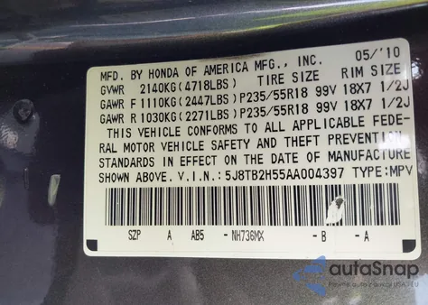 2010 Acura Rdx z USA, uszkodzony, nr VIN 5J8TB2H55AA004397